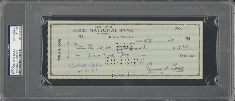 1954 Ty Cobb Signed Personal Check Also Signed By Pete Rose (PSA/DNA)